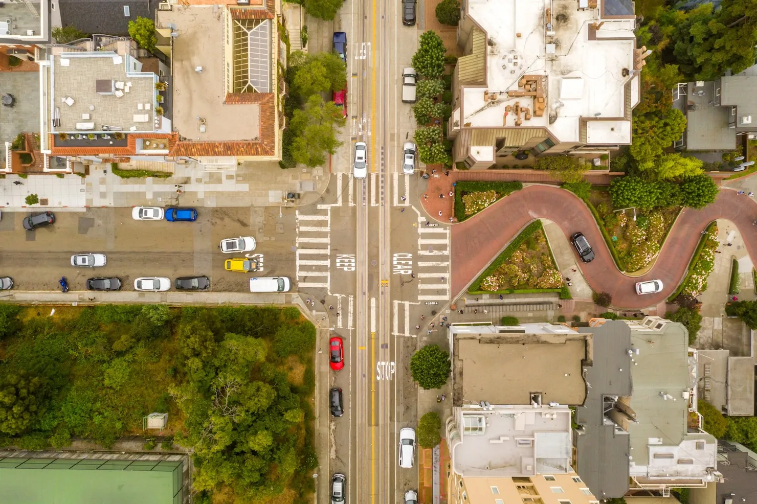 Demerit Points Aerial view of intersection with traffic, representing demerit points and traffic violations.